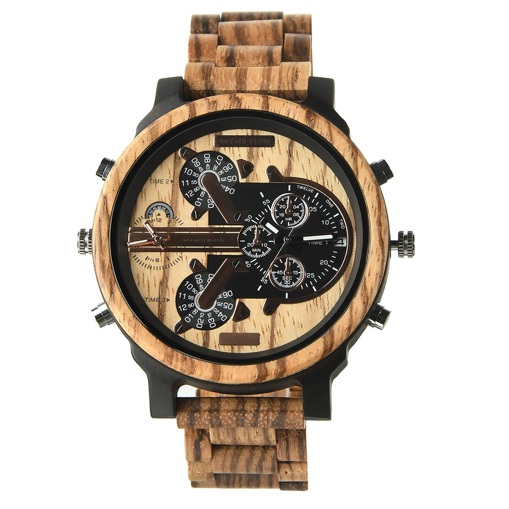 Chronographic Men’s Wooden Sports Watch - Luminous Hands With Large Face - Quartz Movement & Analog Time