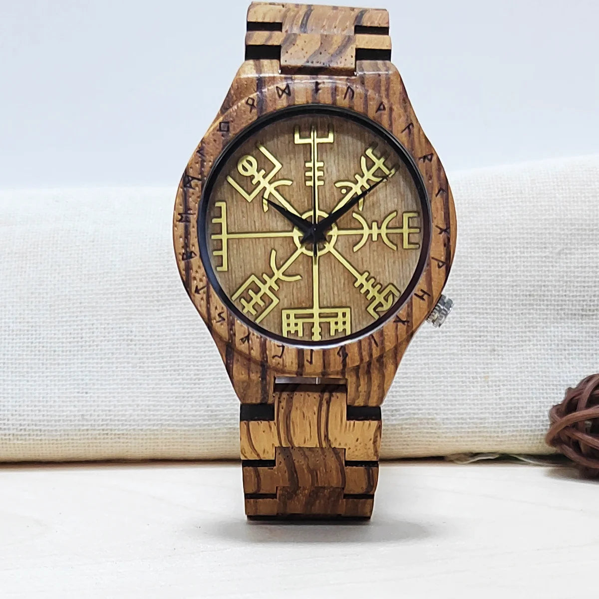 Men's Wooden Wrist Watch With Gold Viking Symbol Face - Analog Quartz Movement Timepiece