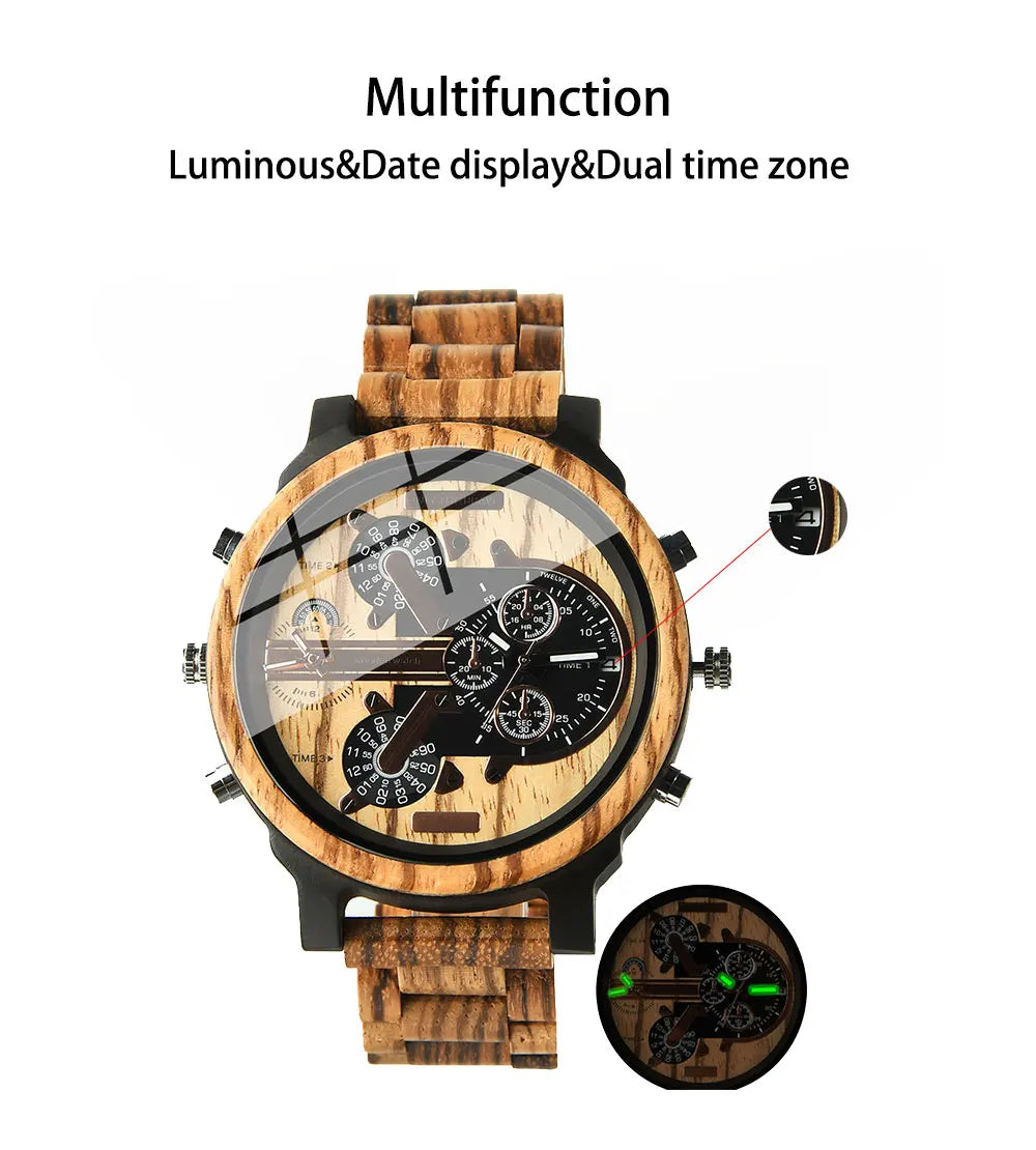 Chronographic Men’s Wooden Sports Watch - Luminous Hands With Large Face - Quartz Movement & Analog Time