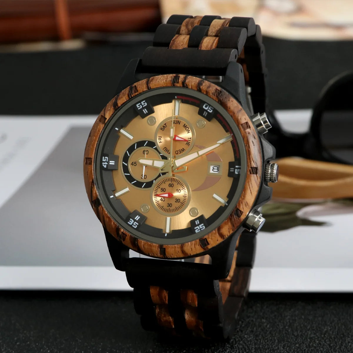 Men’s Sports Wooden Wrist Watch - Multifunction Analog Face & Quartz Movement
