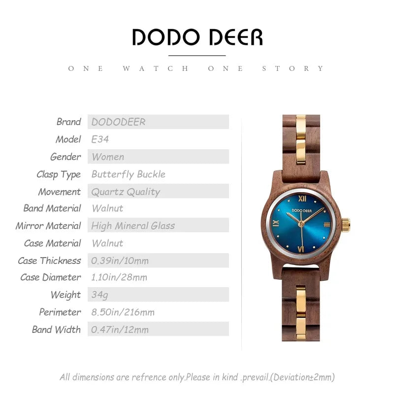 Women’s Wooden Fashion Watch - Blue Analog Face With Roman Numerals And Gold Tone