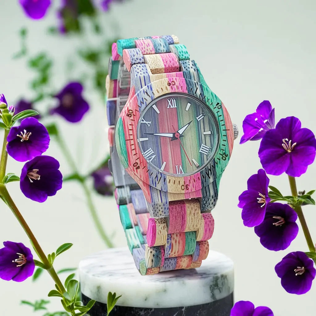 Women’s Elegant Colorful Natural Bamboo Wooden Watch - Fashionable Color Band Quartz Movement Classic Analog Wristwatch For Ladies