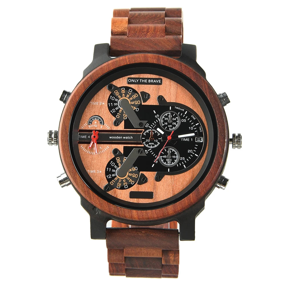 Chronographic Men’s Wooden Sports Watch - Luminous Hands With Large Face - Quartz Movement & Analog Time