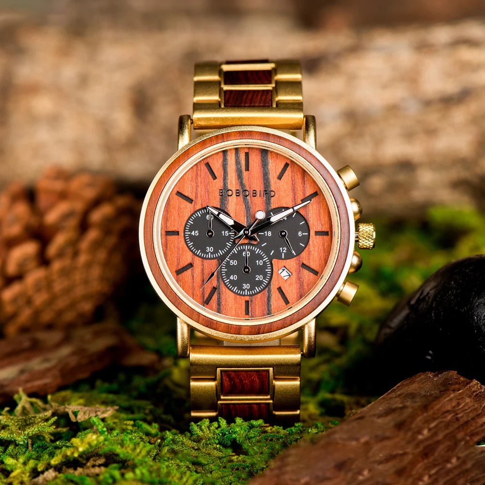 Men's Chronographic Time & Date Wooden Watch - Sports Style With Luminous Hands
