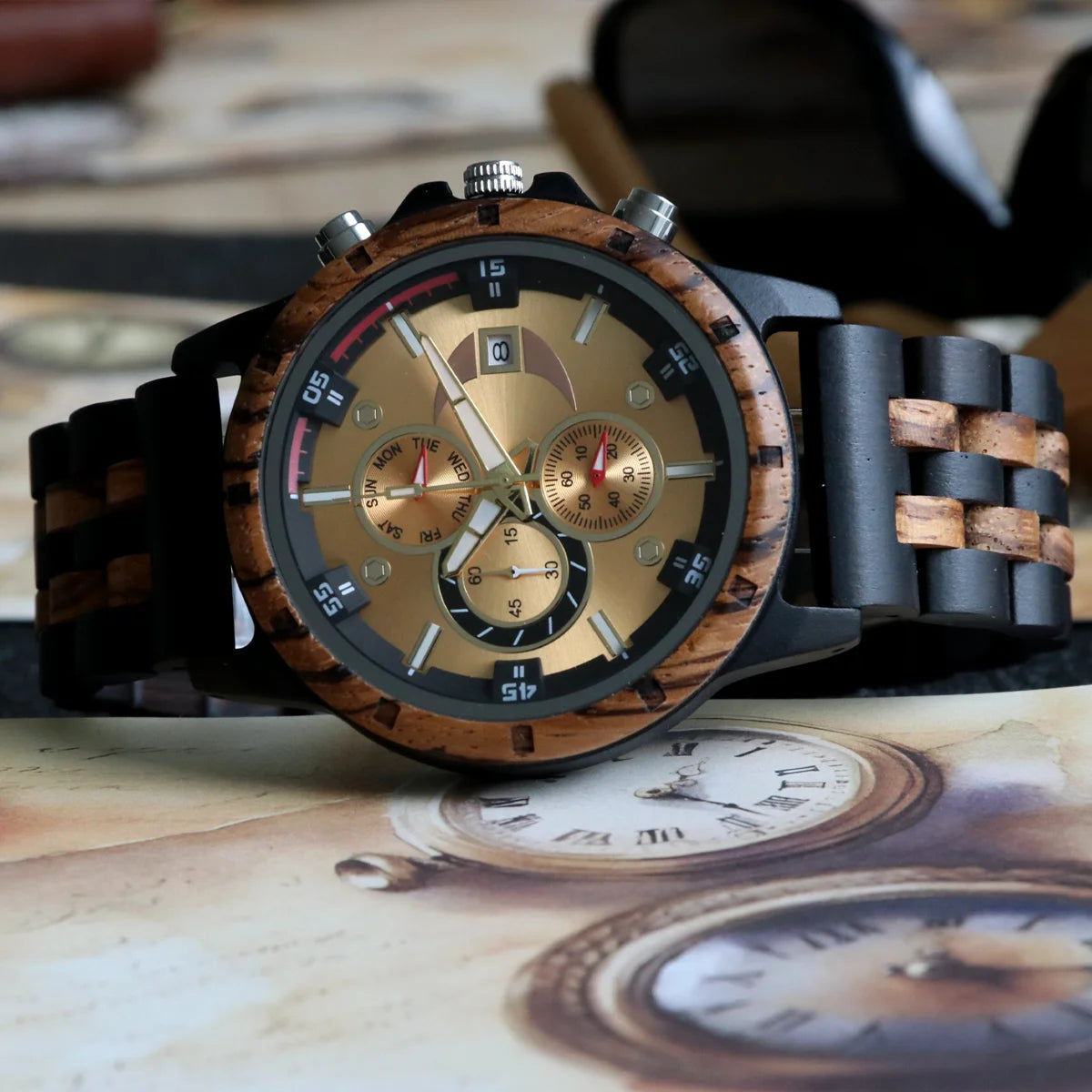 Men’s Sports Wooden Wrist Watch - Multifunction Analog Face & Quartz Movement