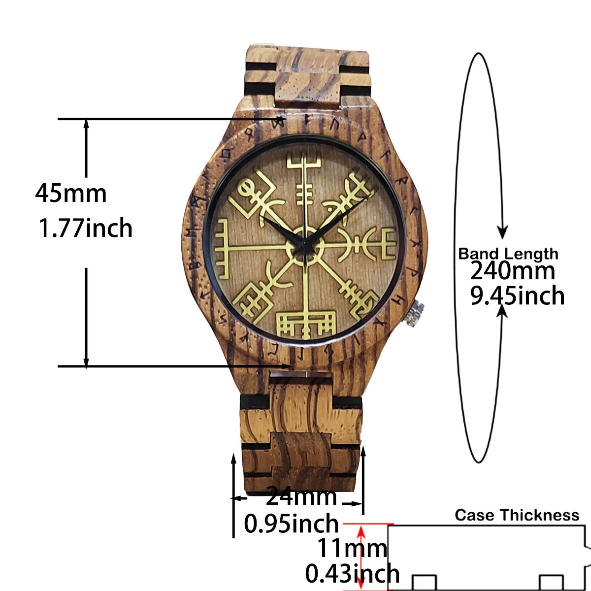 Men's Wooden Wrist Watch With Gold Viking Symbol Face - Analog Quartz Movement Timepiece