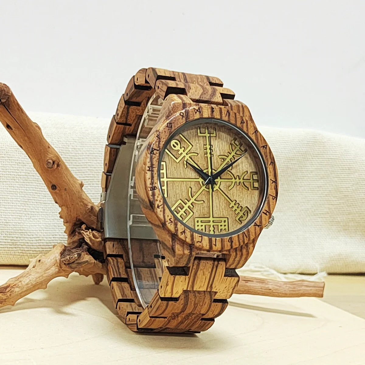 Men's Wooden Wrist Watch With Gold Viking Symbol Face - Analog Quartz Movement Timepiece