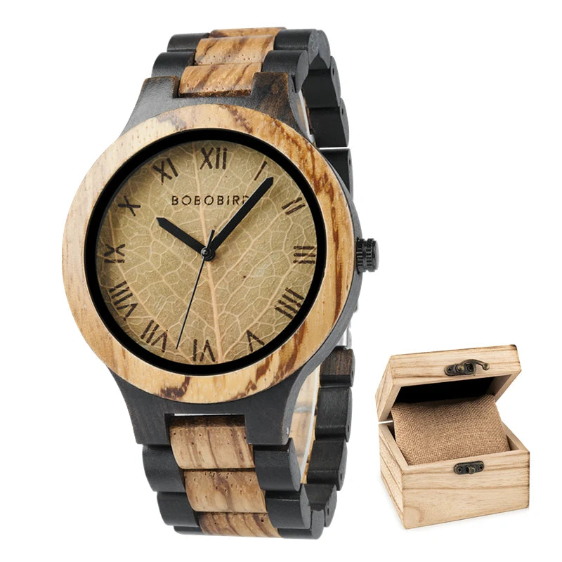 Unisex Wooden Watch With Leaf Dial Design - Classic Analog Quartz Movement Casual Dress Wristwatch for Men & Women