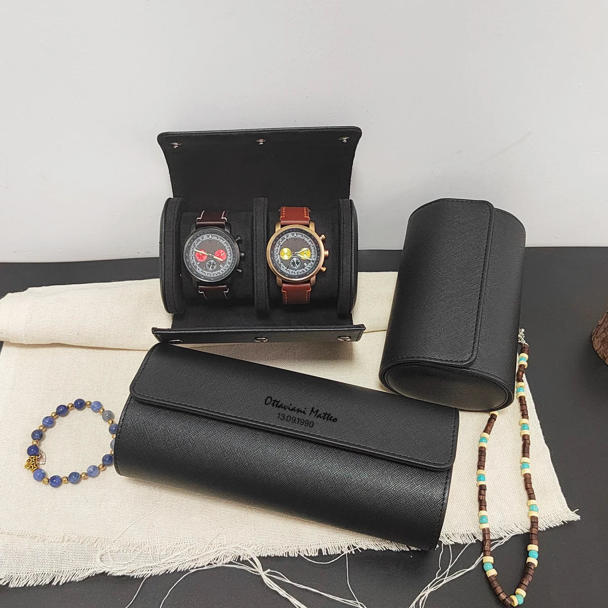 1/2/3-Slot Watch Roll Personalized Leather Travel Case - Custom Watch Case - Watch Storage Box