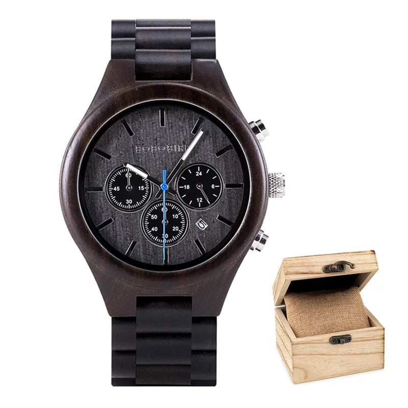 Men's Chronographic Time & Date Wooden Watch - Sports Style With Luminous Hands