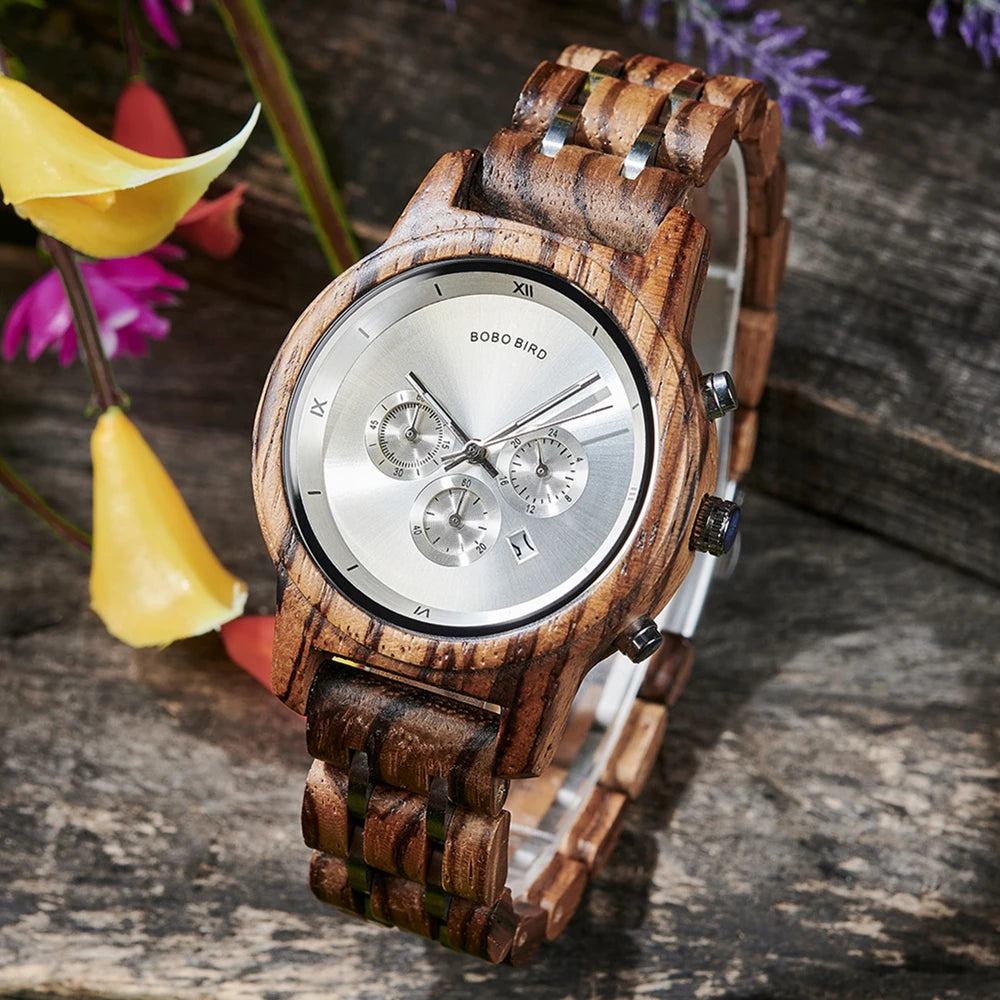 Wooden Women's Watch with 3 Sub Dials Chronograph