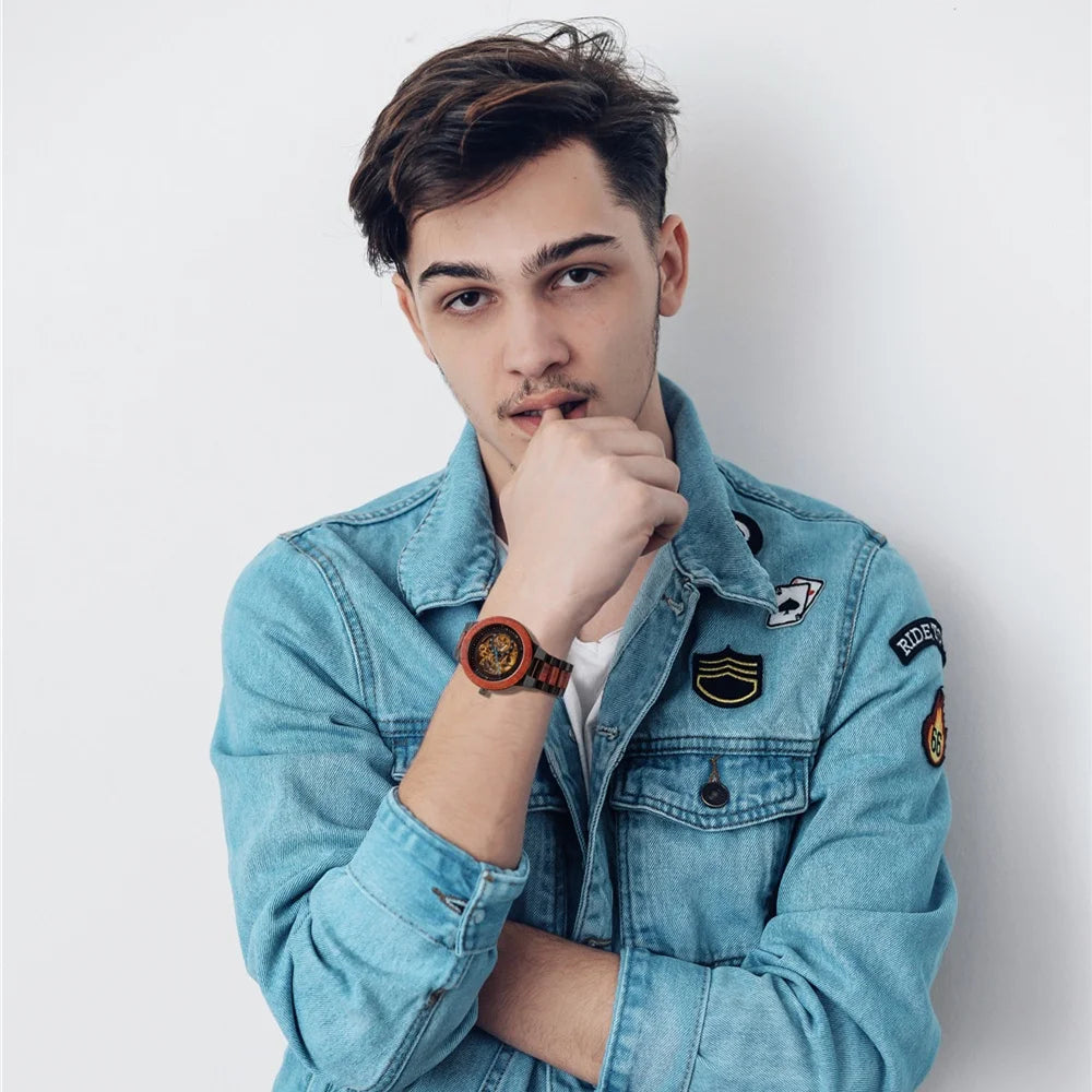 Men's Automatic Wooden Watch - Self-Wind Mechanical Skeleton Wristwatch