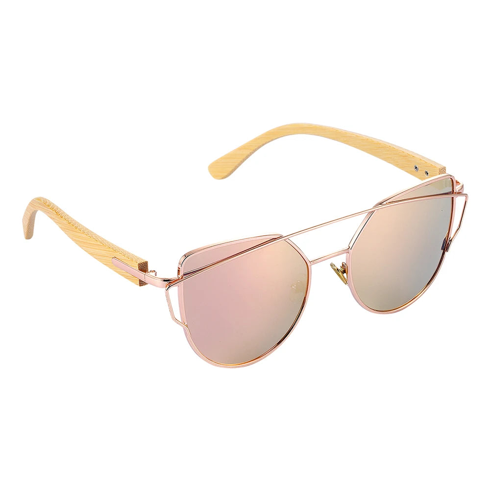 Women’s Sunglasses With Cat Eye Shaped Polarized Lenses - Stainless Steel Rims With Bamboo Legs