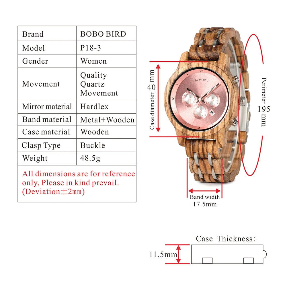 Wooden Women's Watch with 3 Sub Dials Chronograph