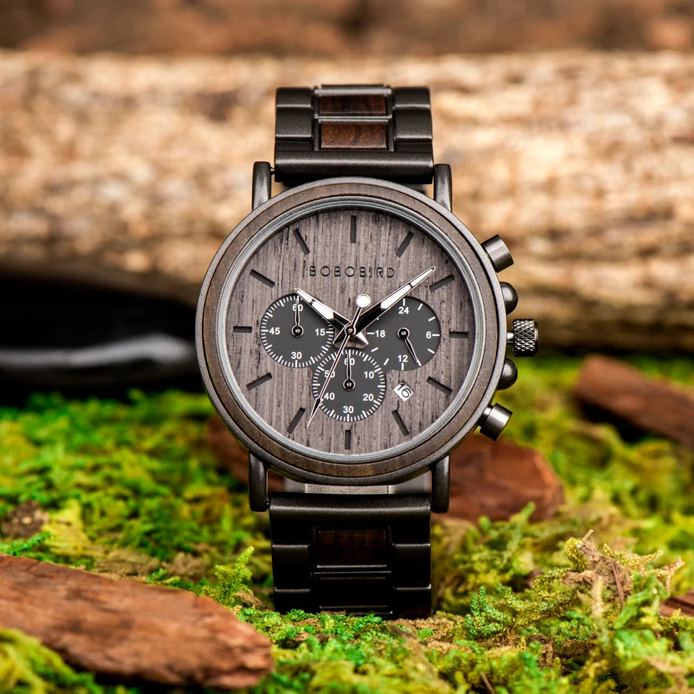 Men's Chronographic Time & Date Wooden Watch - Sports Style With Luminous Hands