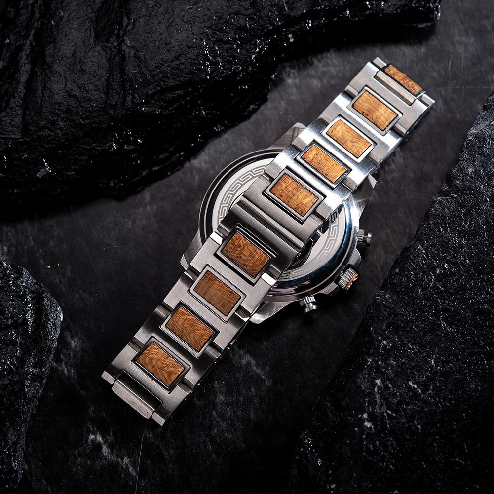 Men's Stylish Wood & Stainless Steel Combination Watch - Quartz Movement Chronographic Date & Time Face