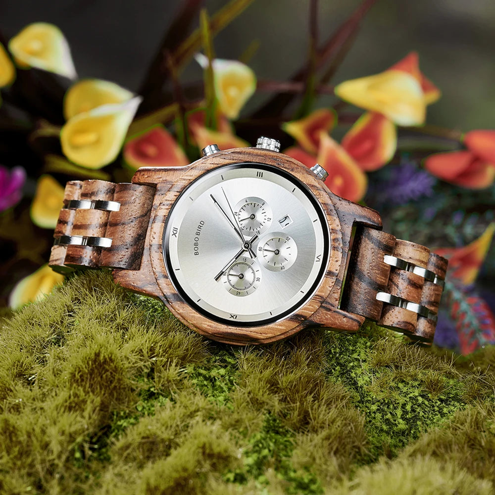 Wooden Women's Watch with 3 Sub Dials Chronograph