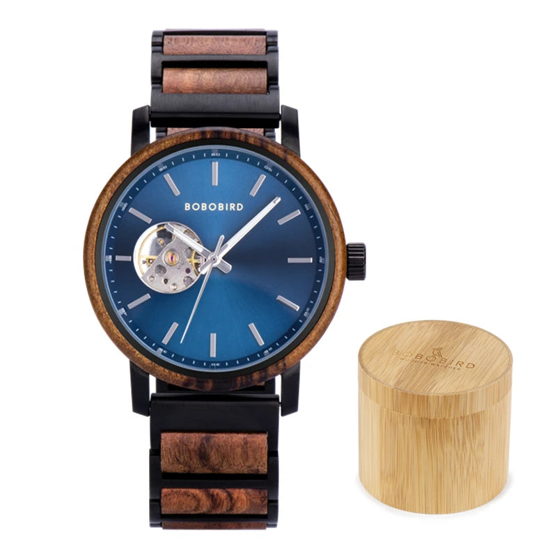 Men's Automatic Watch - Wood & Stainless Steel Combined - Mechanical Movement Self-Winding Wristwatch