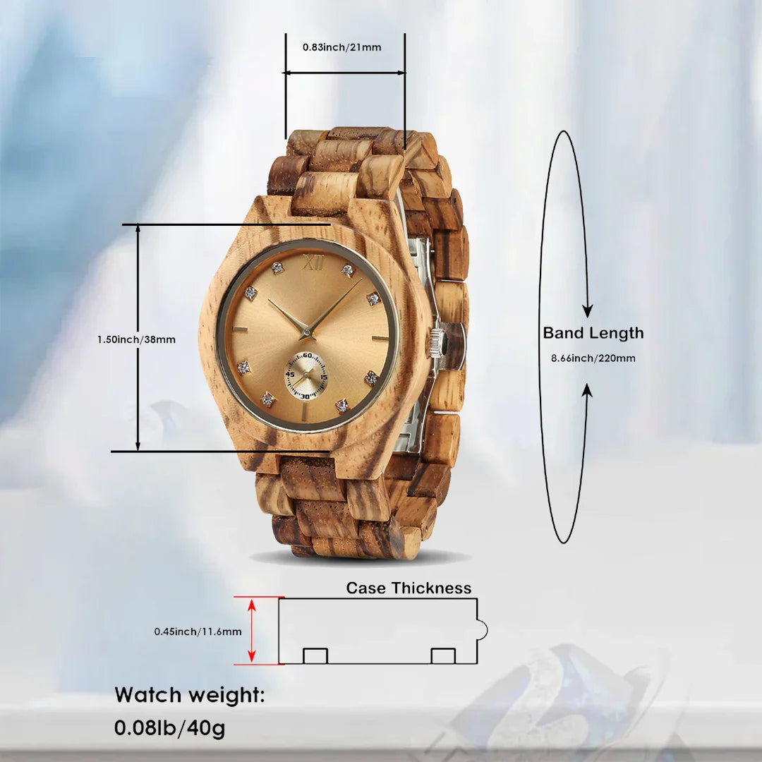 Women’s Gold Luxury Wooden Watch - Casual Fashion Wrist Watch For Women With Simulated Diamond Dial