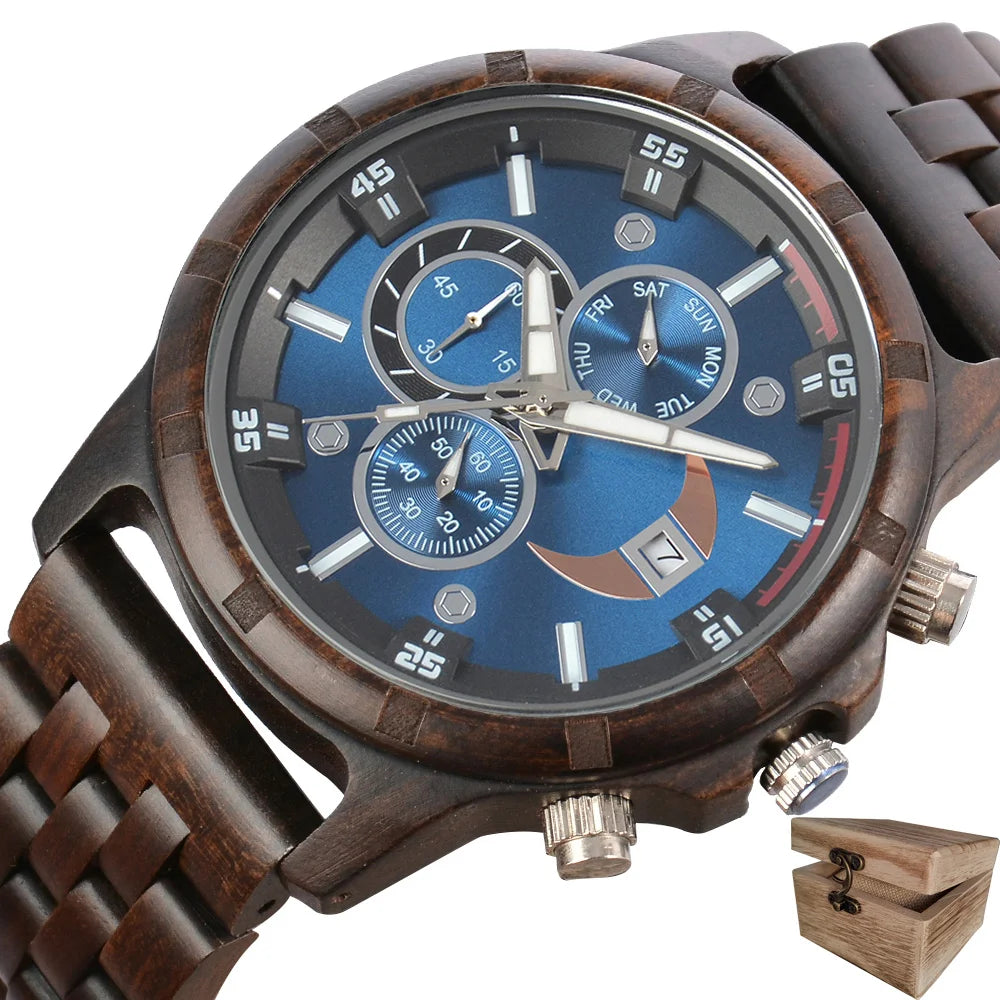 Men’s Sports Fashion Wooden Watch - Chronographic Analog Face With Luminous Hands