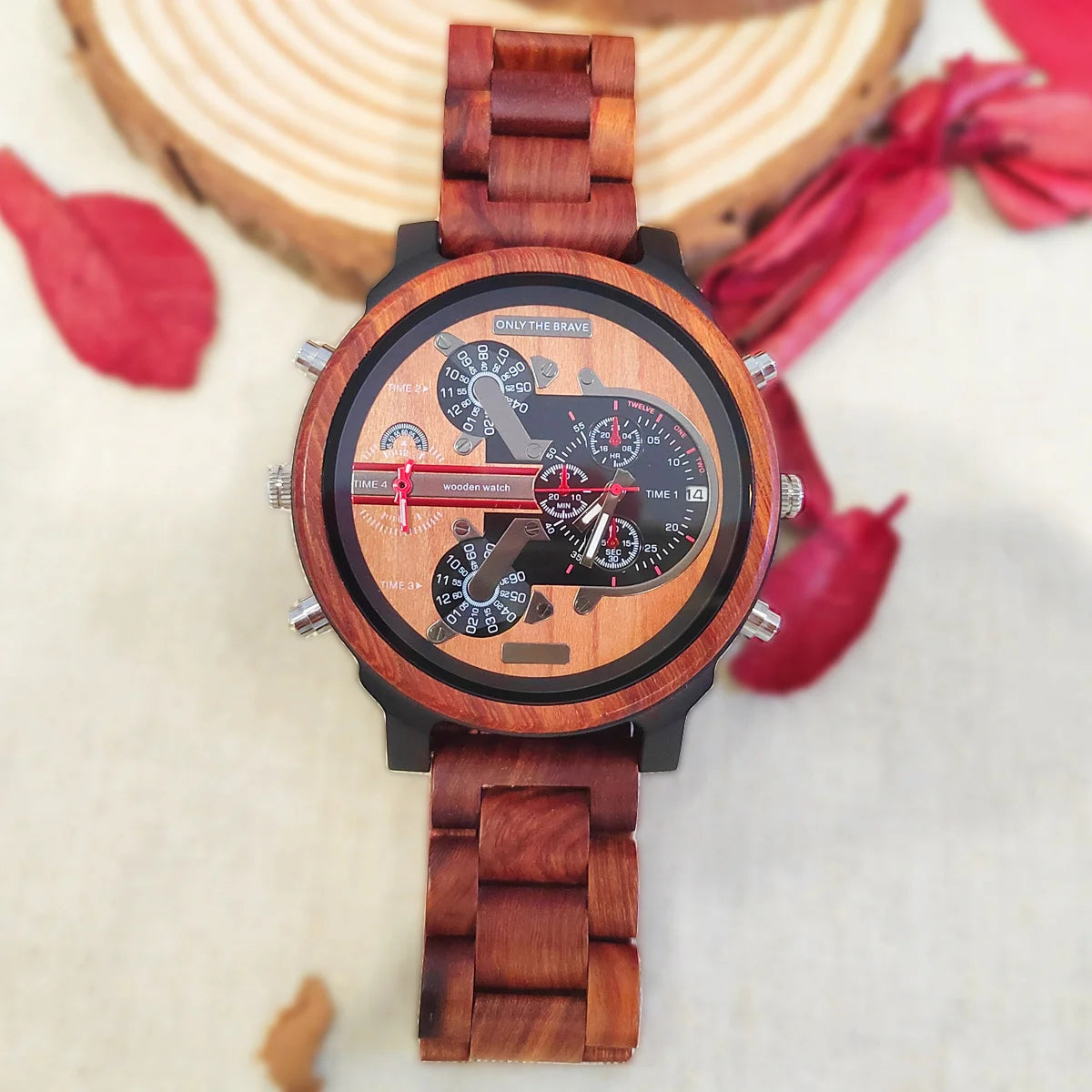 Chronographic Men’s Wooden Sports Watch - Luminous Hands With Large Face - Quartz Movement & Analog Time