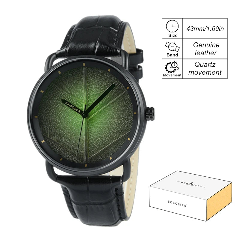 Unisex Wooden Watch With Real Leaf Dial Pattern - Fashion Wristwatch With Genuine Leather Strap For Men or Women