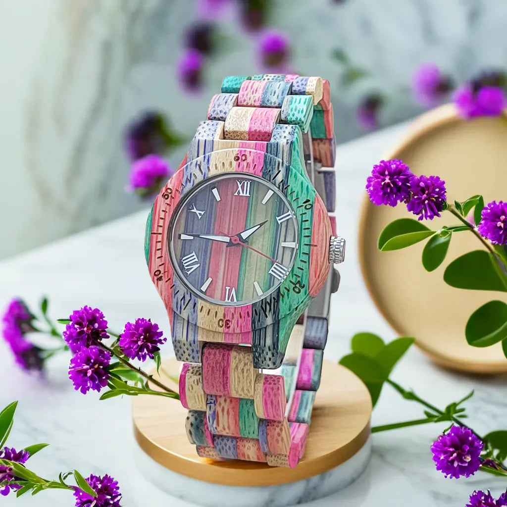 Women’s Elegant Colorful Natural Bamboo Wooden Watch - Fashionable Color Band Quartz Movement Classic Analog Wristwatch For Ladies