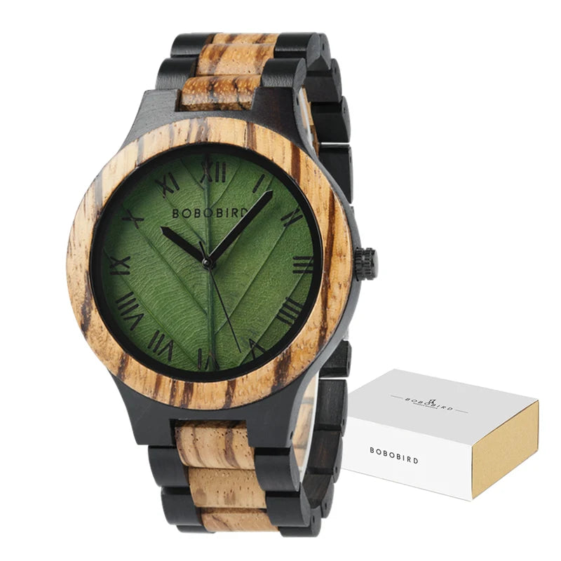 Unisex Wooden Watch With Leaf Dial Design - Classic Analog Quartz Movement Casual Dress Wristwatch for Men & Women