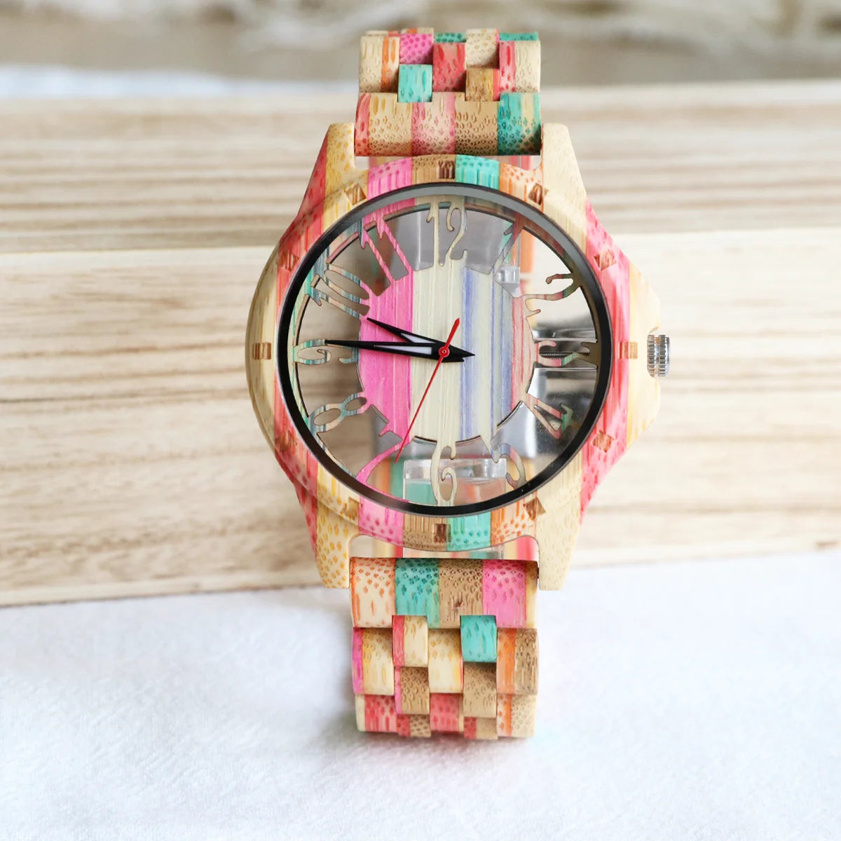 Colorful Unisex Wooden Wristwatch For Men or Women - Quartz Movement And Hollowed Out Classic Analog Face With Traditional Numbers