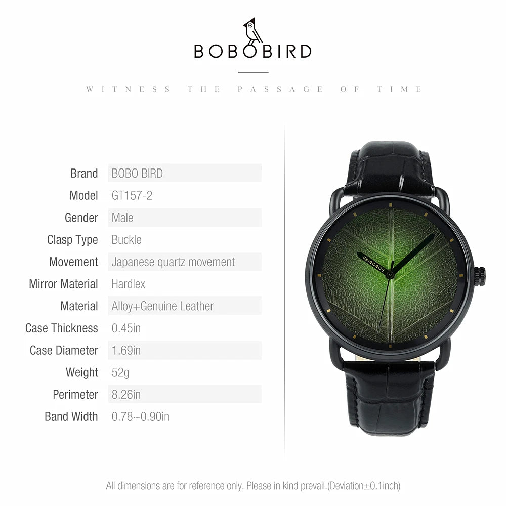 Unisex Wooden Watch With Real Leaf Dial Pattern - Fashion Wristwatch With Genuine Leather Strap For Men or Women