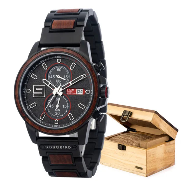 Men's Stylish Wood & Stainless Steel Combination Watch - Quartz Movement Chronographic Date & Time Face