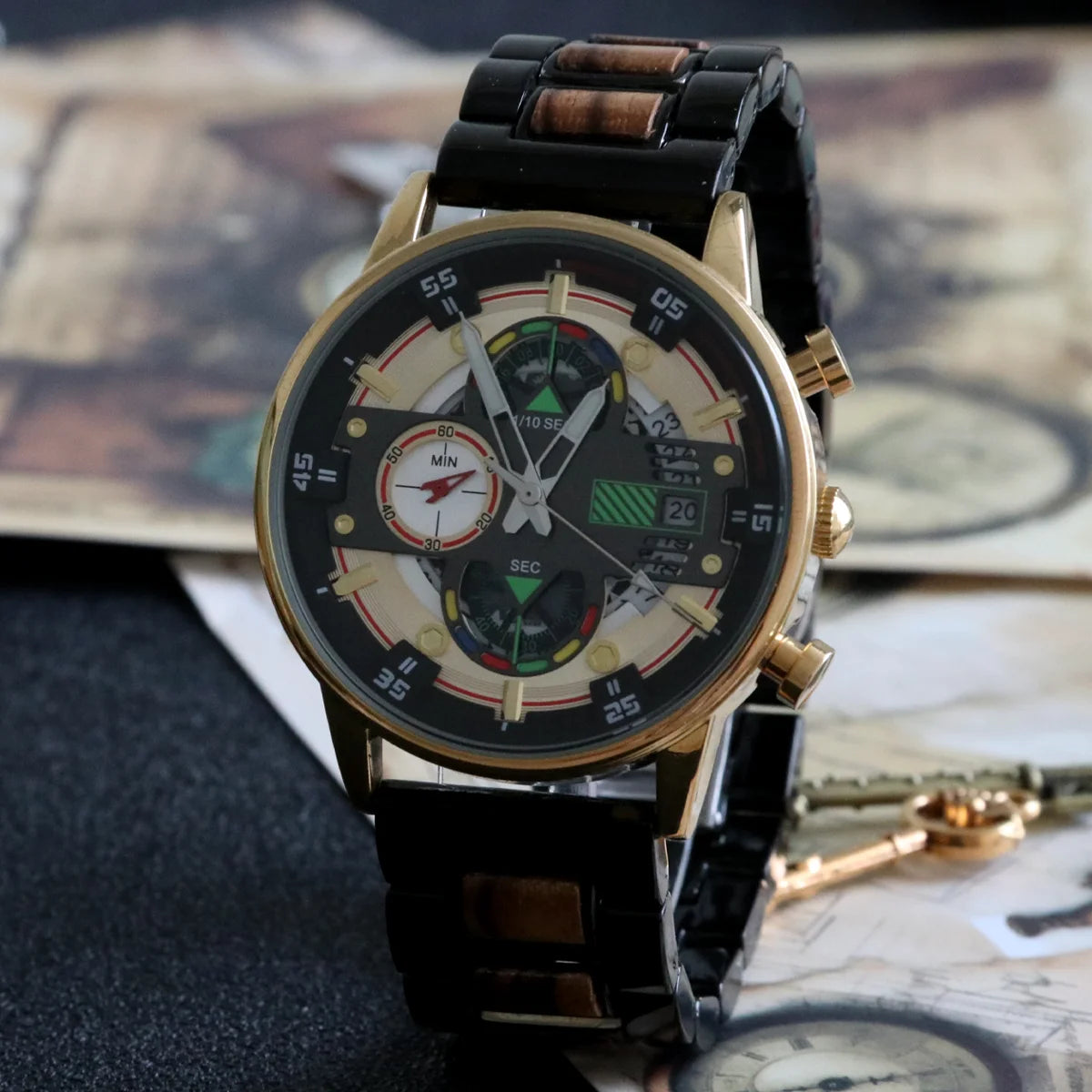 Men’s Wooden Watch With Unique Chronographic Design - Quartz Movement Sports Style