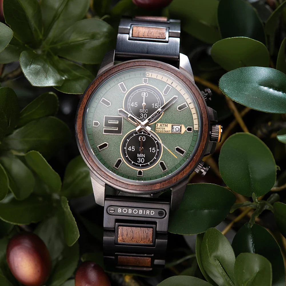 Men's Stylish Wood & Stainless Steel Combination Watch - Quartz Movement Chronographic Date & Time Face
