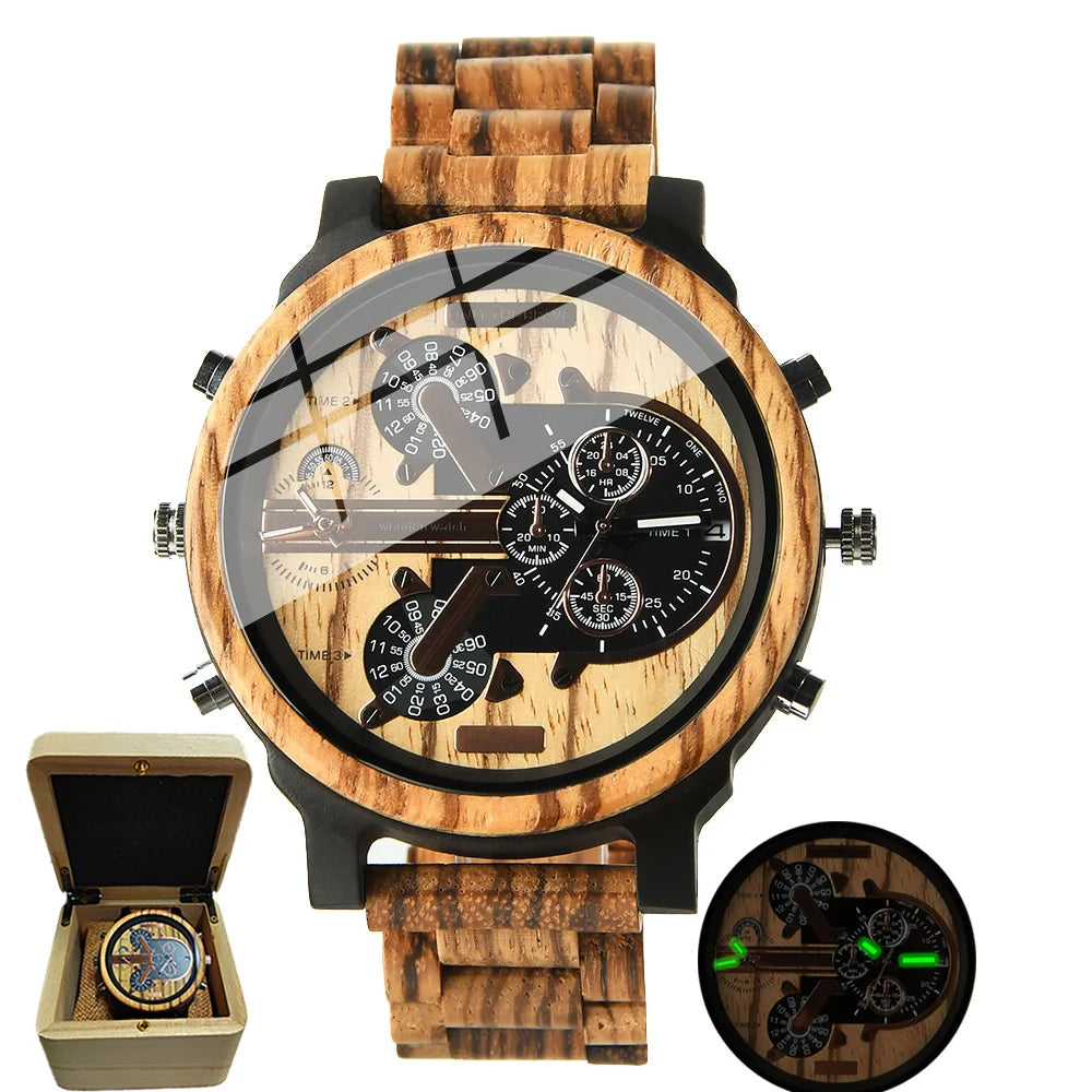 Chronographic Men’s Wooden Sports Watch - Luminous Hands With Large Face - Quartz Movement & Analog Time