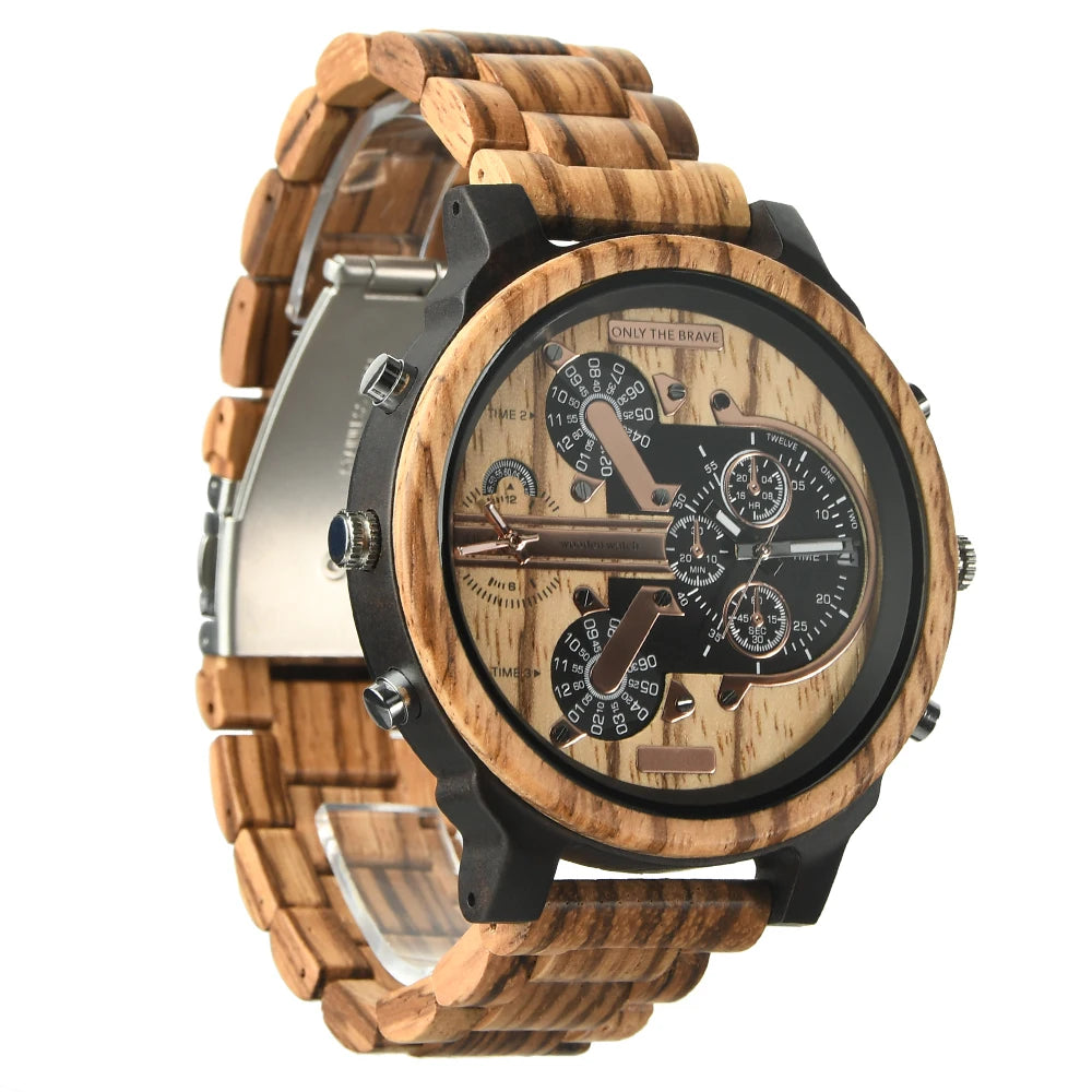 Chronographic Men’s Wooden Sports Watch - Luminous Hands With Large Face - Quartz Movement & Analog Time