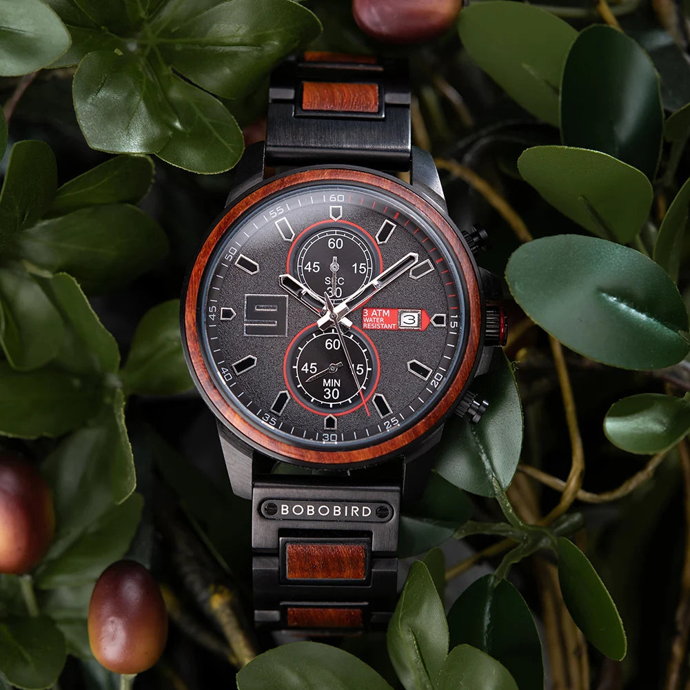 Men's Stylish Wood & Stainless Steel Combination Watch - Quartz Movement Chronographic Date & Time Face