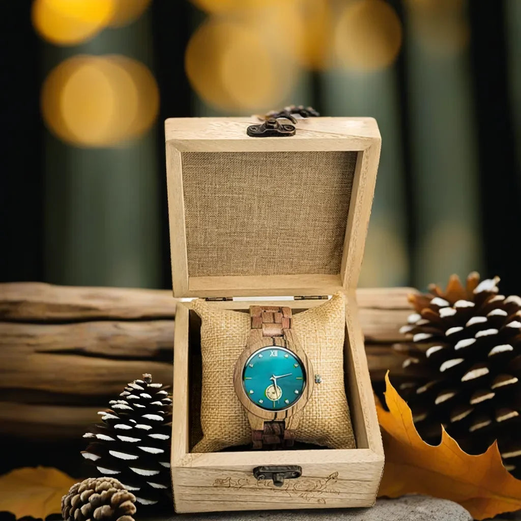 Women’s Gold Luxury Wooden Watch - Casual Fashion Wrist Watch For Women With Simulated Diamond Dial