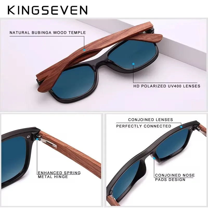 Men’s UV Polarized Mirror Lens Sunglasses - Rectangular Shaped Wooden Frames