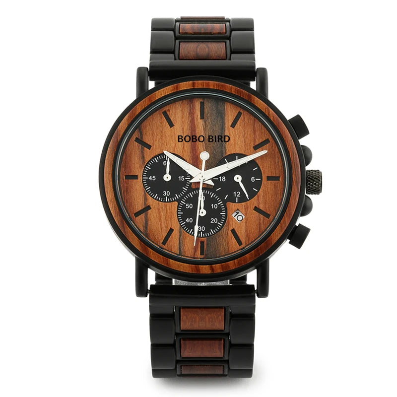 Men's Chronographic Time & Date Wooden Watch - Sports Style With Luminous Hands