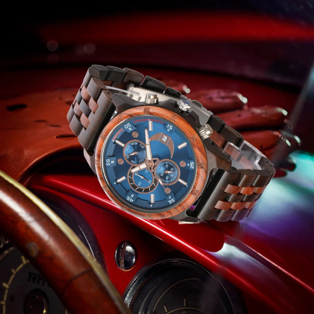 Men’s Sports Fashion Wooden Watch - Chronographic Analog Face With Luminous Hands