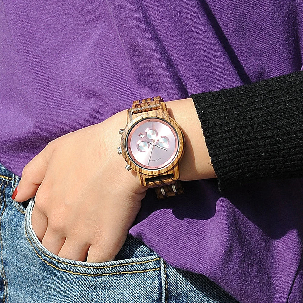 Wooden Women's Watch with 3 Sub Dials Chronograph