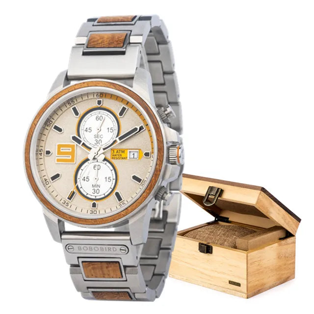 Men's Stylish Wood & Stainless Steel Combination Watch - Quartz Movement Chronographic Date & Time Face