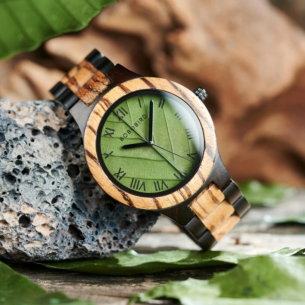 Unisex Wooden Watch With Leaf Dial Design - Classic Analog Quartz Movement Casual Dress Wristwatch for Men & Women