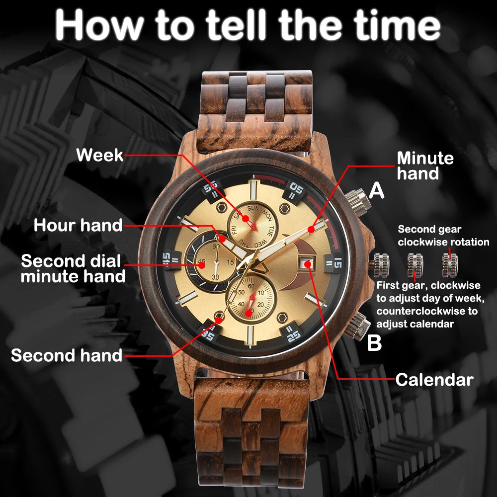Men’s Sports Fashion Wooden Watch - Chronographic Analog Face With Luminous Hands