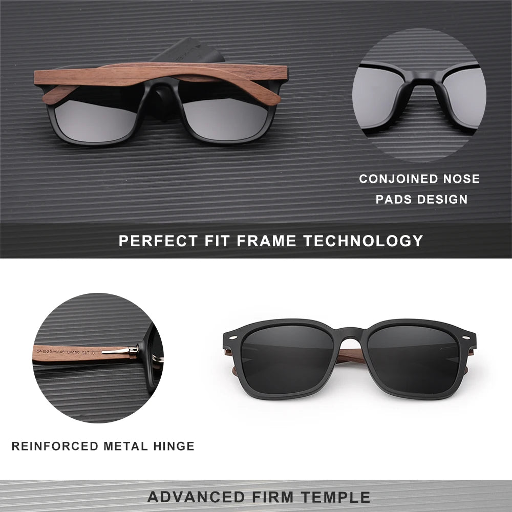 Classic Unisex Walnut Sunglasses For Women Or Men - Polarized UV400 Square Wooden Frame Fashion Glasses