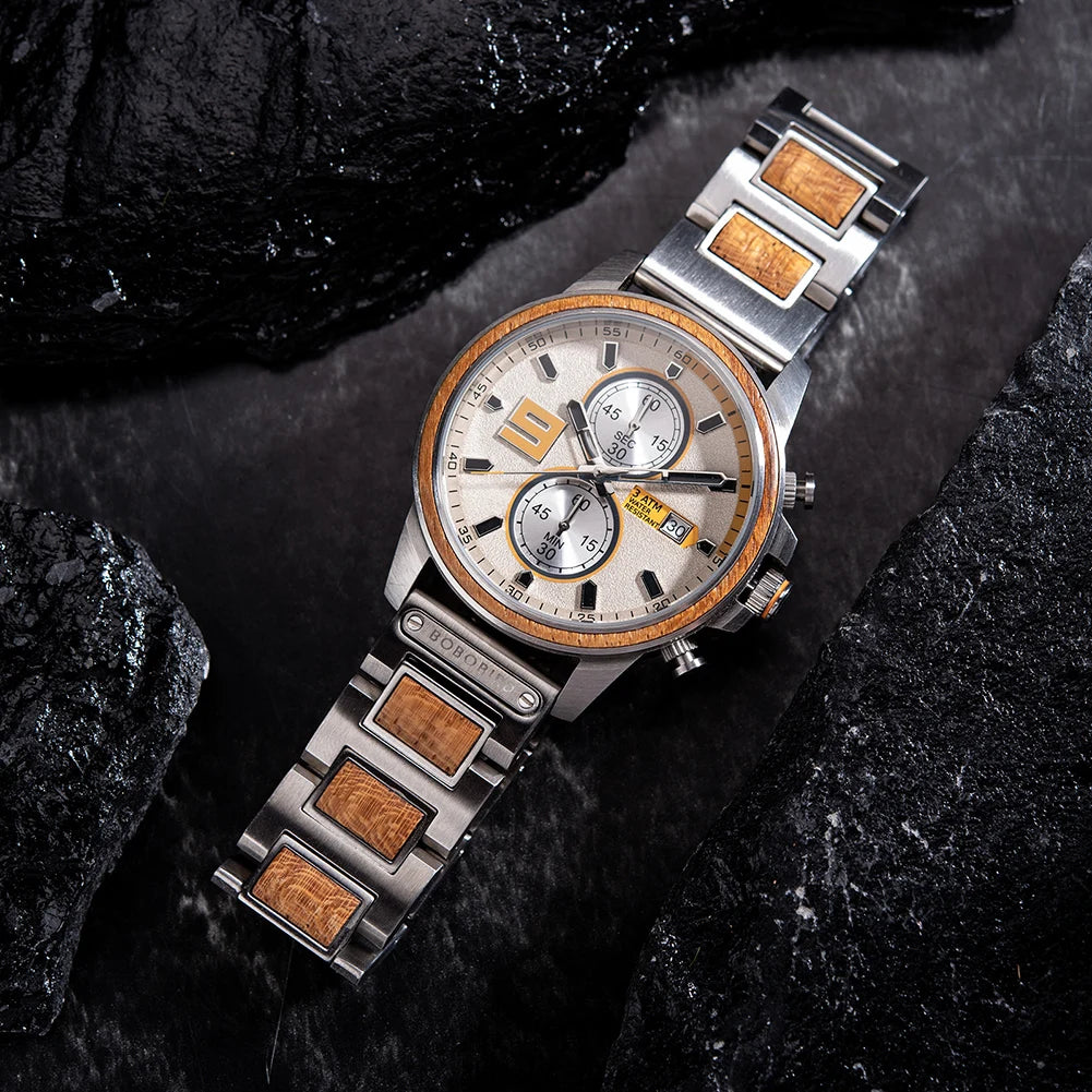 Men's Stylish Wood & Stainless Steel Combination Watch - Quartz Movement Chronographic Date & Time Face