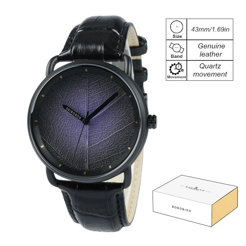 Unisex Wooden Watch With Real Leaf Dial Pattern - Fashion Wristwatch With Genuine Leather Strap For Men or Women