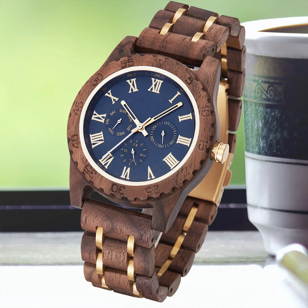 Classic Analog Wooden Wrist Watch For Men - Roman Numerals Face Quartz Movement With Day Of Week Display