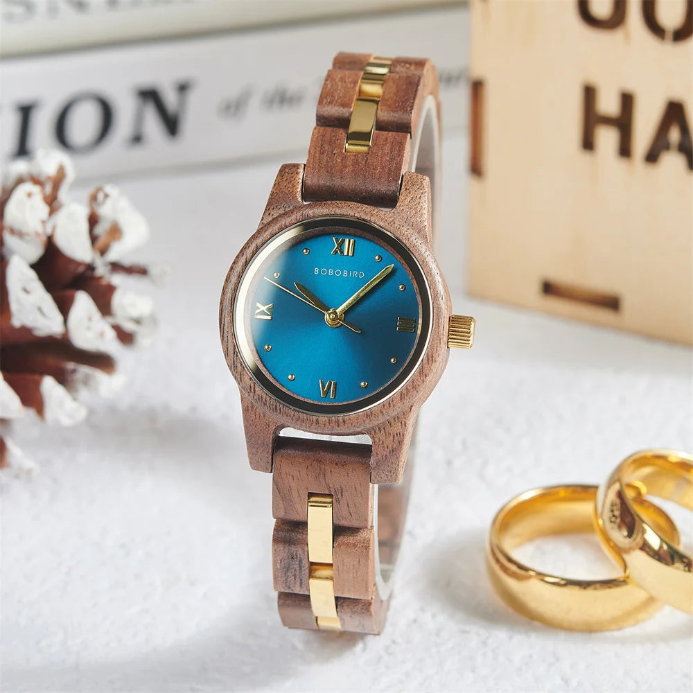 Women's Round Face Wooden Watch Fashion Quartz Watch for Ladies With Paper Gift Box