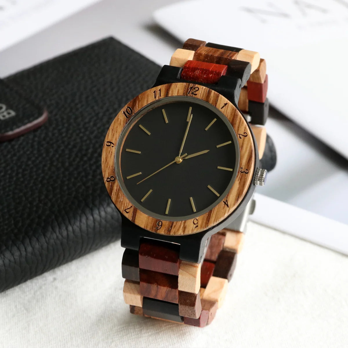 Unisex Multicolored Wooden Wristwatch For Men & Women - Classic Analog Dress Watch With Quartz Movement